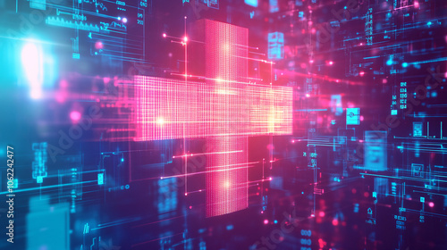 A glowing medical cross icon surrounded by streaming healthcare data, representing telemedicine and digital health platforms. 