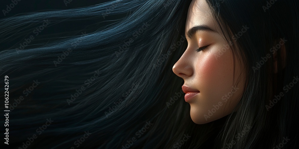 Photorealistic portrait of a young woman in right-facing profile view, eyes closed, with long flowing dark hair dramatically billowing behind her. Soft,generative ai Photorealistic portrait of a young woman in right-facing profile view, eyes closed, with long flowing dark hair dramatically billowing behind her. Soft,generative ai