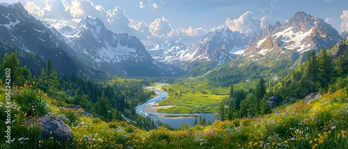 A breathtaking view of a vibrant mountain landscape featuring lush green valleys, blooming wildflowers, and a serene river flowing through the valley under a clear blue sky.