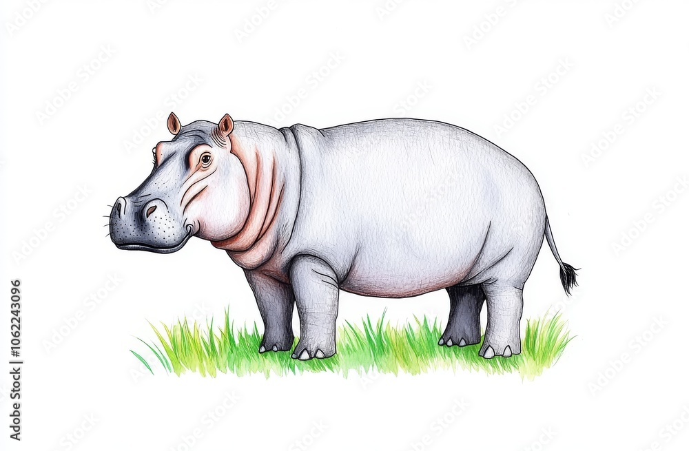 Obraz premium Hippopotamus amphibius, also known as the hippo, is a large, largely herbivorous, semiaquatic mammal that searches for food on land in grass.