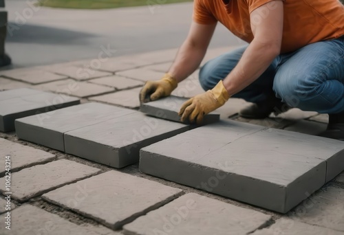 A man in yellow gloves is laying bricks on the ground