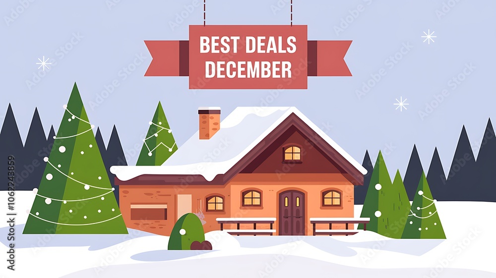 Snow-covered house with Christmas trees and a banner promoting December deals Snow-covered house with Christmas trees and a banner promoting December deals