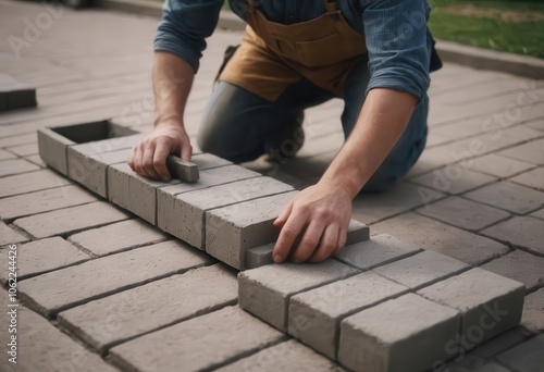 A man in yellow gloves is laying bricks on the ground