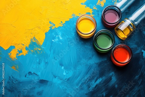 Colorful paint jars on a vibrant blue and yellow artistic canvas ready for creative work photo