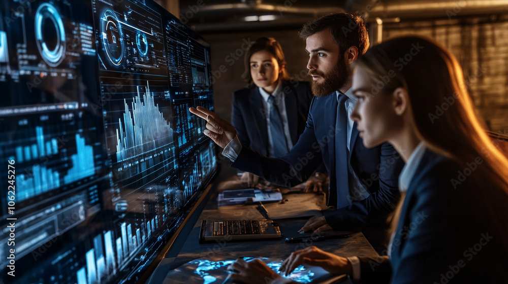 A group of professionals working side by side, with a holographic interface showing customer feedback, partnership building, and long-term business goals. A group of professionals working side by side, with a holographic interface showing customer feedback, partnership building, and long-term business goals.