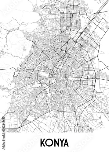 Map of Konya, Turkey. The map is rendered in black and white, with a minimalist aesthetic. It features a comprehensive network of roads, streets, and waterways.