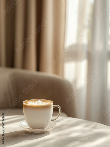 Modern Luxury Coffee Scene: Close-Up of Half-Filled Coffee Cup with Light Brown Milk Tea on Elegant Table, Minimalist Background and Soft Lighting