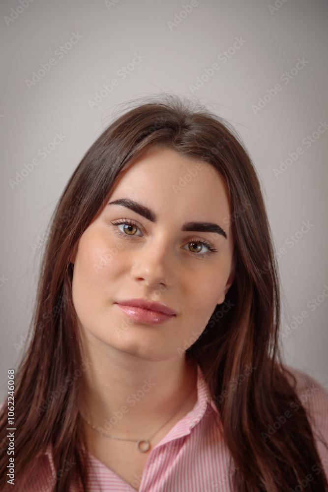 Portrait of young woman showing perfect eyebrows after permanent makeup treatment Portrait of young woman showing perfect eyebrows after permanent makeup treatment