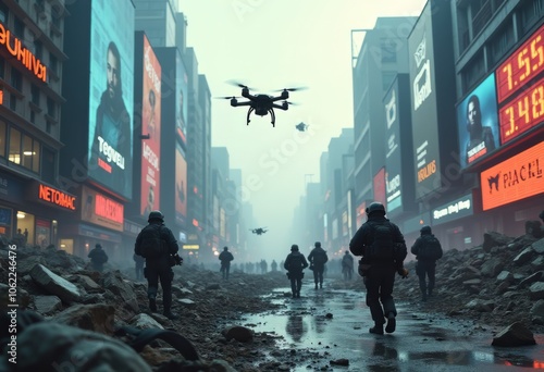 Military personnel navigate a devastated urban landscape while drones monitor the area during a foggy afternoon