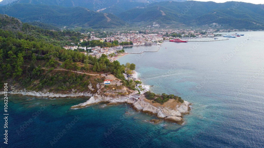 Fototapeta premium Scenic Aerial View of Thassos Coastline and Harbor, Greece