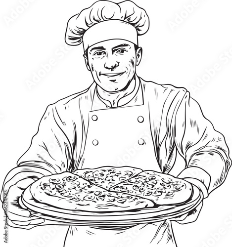 Chef Holding Pizza Outline Vector Illustration