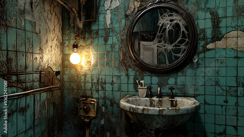 A haunted bathroom with old cracked tiles, a flickering lightbulb, and a mirror that seems to reflect more than just the room. 
