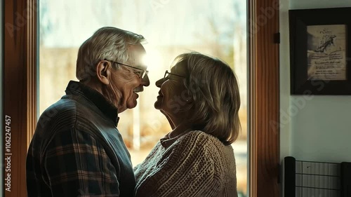 senior couple embracing by the window, celebrating their anniversary with a peaceful holiday. The man and woman share a loving forehead touch, reflecting their strong bond, romance