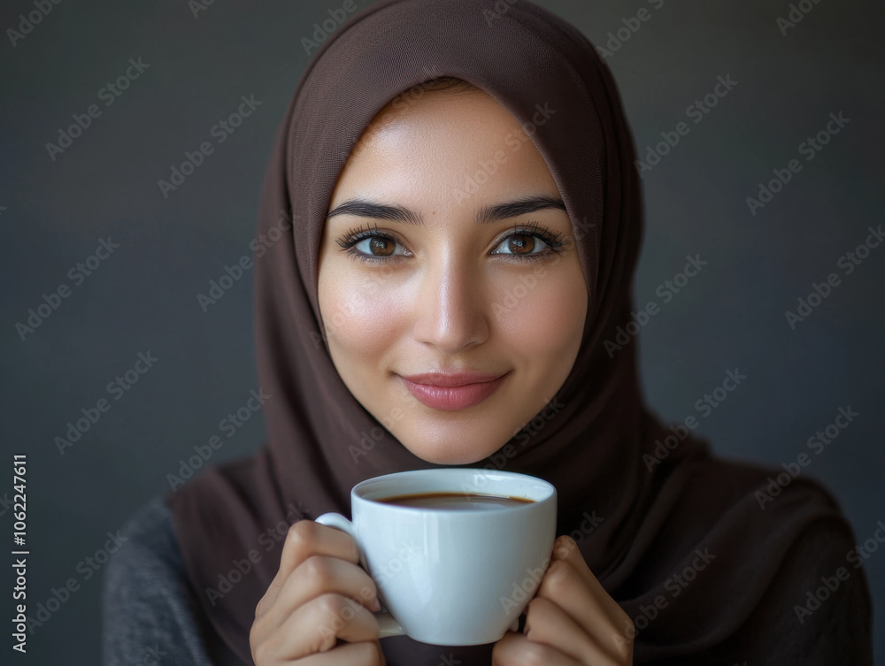 A young woman in a hijab sips coffee against a bright turquoise background A young woman in a hijab sips coffee against a bright turquoise background