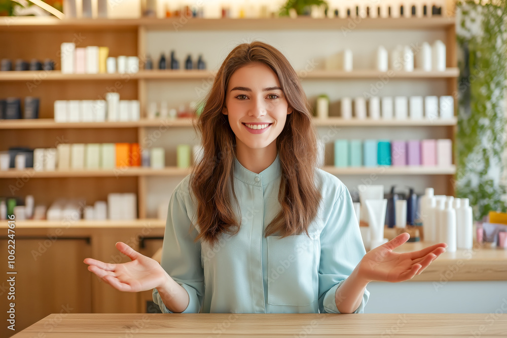 Friendly Female Beauty Consultant at Product Counter in Modern Cosmetics Store. Friendly Female Beauty Consultant at Product Counter in Modern Cosmetics Store.