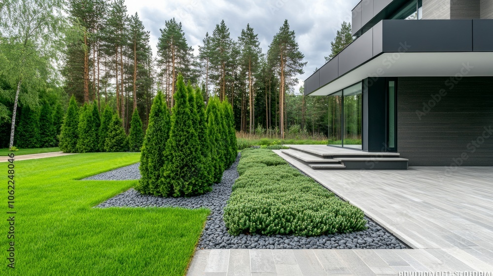 Scandinavian style garden with Pine, spruce, low-growing coniferous trees, in the courtyard of the house Scandinavian style garden with Pine, spruce, low-growing coniferous trees, in the courtyard of the house