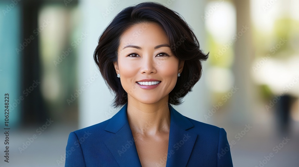Smiling Asian businesswoman in blue suit with notebook; muted palette Smiling Asian businesswoman in blue suit with notebook; muted palette