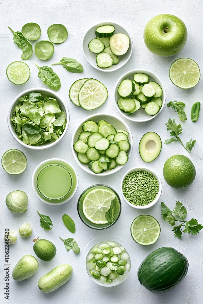 Flat lay arrangement showcasing a variety of fresh green produce, promoting a healthy lifestyle and well-being Flat lay arrangement showcasing a variety of fresh green produce, promoting a healthy lifestyle and well-being