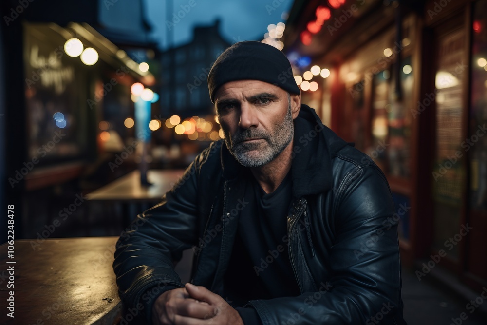 Portrait of a bearded man in a leather jacket and cap sitting at a table on a city street at night. Portrait of a bearded man in a leather jacket and cap sitting at a table on a city street at night.
