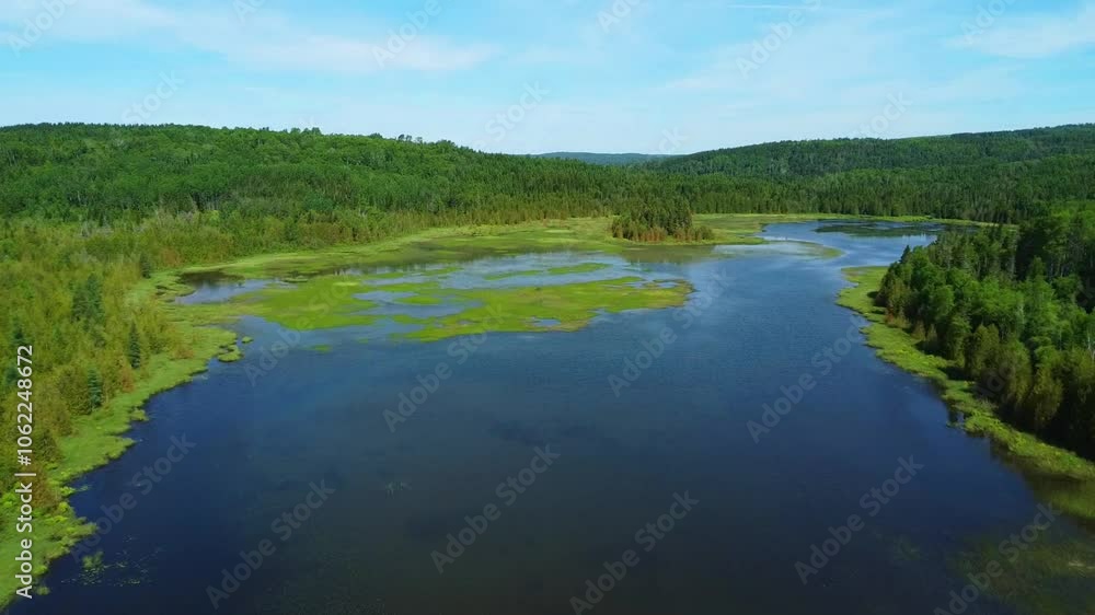 A breathtaking aerial view of a tranquil marshy lake amidst lush green forests, offering a serene and picturesque natural landscape. A breathtaking aerial view of a tranquil marshy lake amidst lush green forests, offering a serene and picturesque natural landscape.