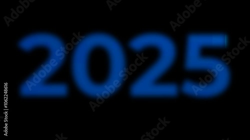 The inscription 2025 shimmering and pulsates in blue and purple colors. New Year's motive. New Year. Lettering, calligraphy. Video art graphic