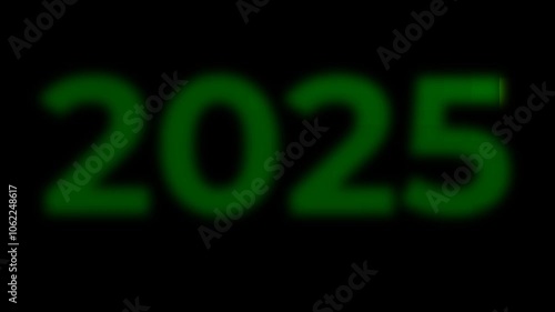 The inscription 2025 shimmering in green and yellow colors. New Year's motive. New Year. Lettering, calligraphy. Video art graphic, 