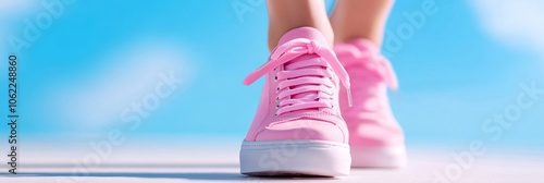 Women’s feet in pink sneakers brisk walk for cancer Palette: Bright  photo