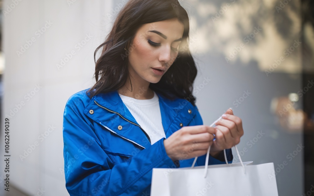 A young woman stands outside a store, looking at her shopping bag. A young woman stands outside a store, looking at her shopping bag.