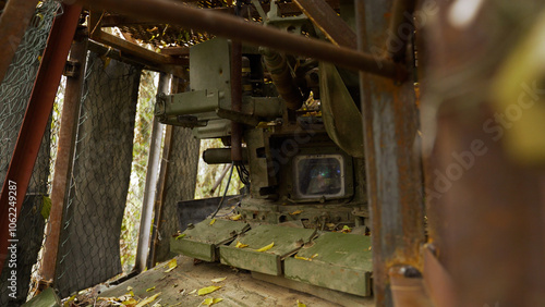 Close-up of a tank turret with a thermal imager. technology on heavy armored vehicles. tanks in war. thermal imaging sight and cameras on an armored vehicle. dynamic protection of a tank turret.