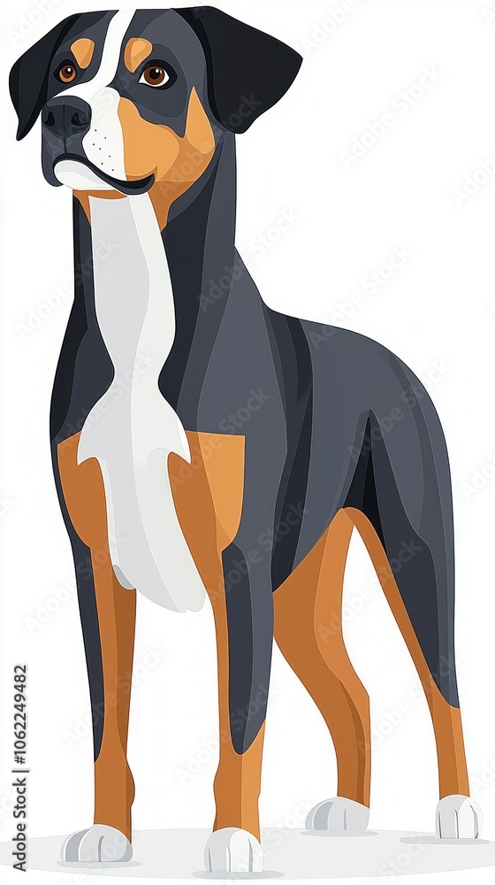 Fototapeta premium illustration features strong Rottweiler characteristic markings standing confidently. minimalist design highlights its robust physique and proud stance.