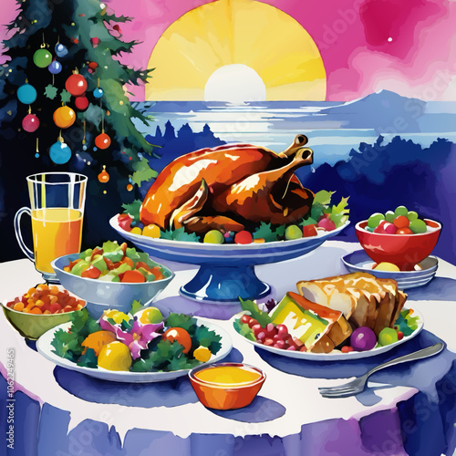 christmas dinner vector painting