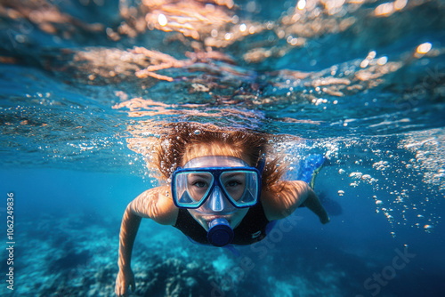 A young diver exploring the underwater world amidst bubbles and sunlight in a serene ocean