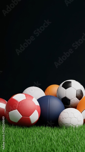 A vibrant collection of various sports balls, including soccer, basketball, and volleyball, resting on lush green grass.