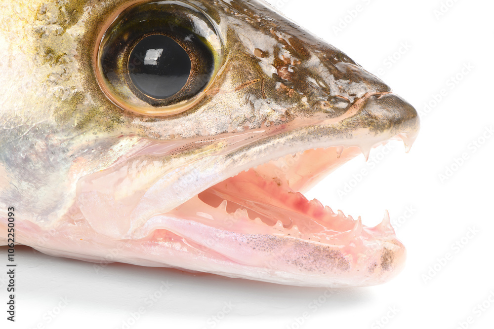 Close-up of pike perch eye. Zander river fish. Pike perch fish isolated on white. Close-up of pike perch eye. Zander river fish. Pike perch fish isolated on white.