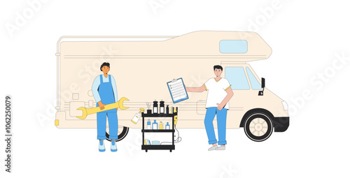 Caravan repair shop. Car diagnostic service. Vector illustration collection of isolated vehicle, repair tools and workers.