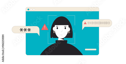 Deepfake problem. Woman speaking online with identity substitution isolated on white background. Vector hand drawn flat illustration