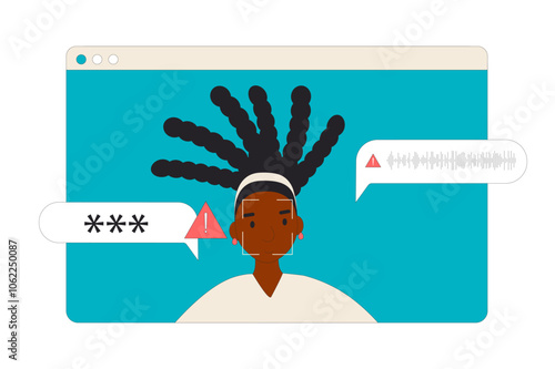 Deepfake attack isolated on white background. Facial and audio Recognition System. Vector hand drawn flat outline illustration