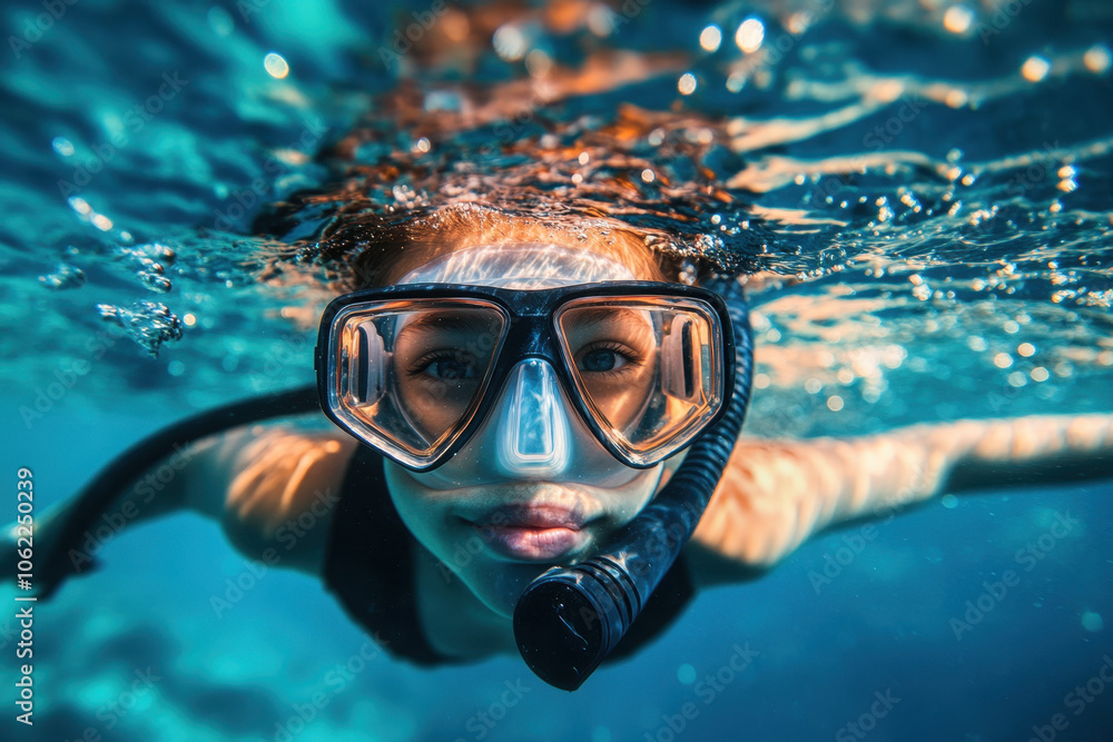 Fototapeta premium A young diver exploring the underwater world amidst bubbles and sunlight in a serene ocean