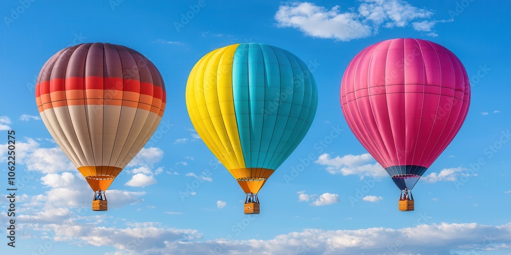 Obraz premium Colorful hot air balloons floating in clear blue sky, creating joy