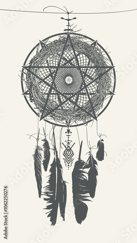 vector banner on the theme of paganism, magic and witchcraft with bird feathers and dreamcatcher in the folk style