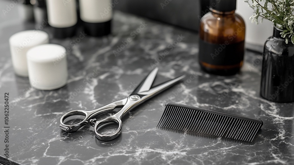 Close up of barber tools scissors and comb on a marble countertop with hair products. Close up of barber tools scissors and comb on a marble countertop with hair products.