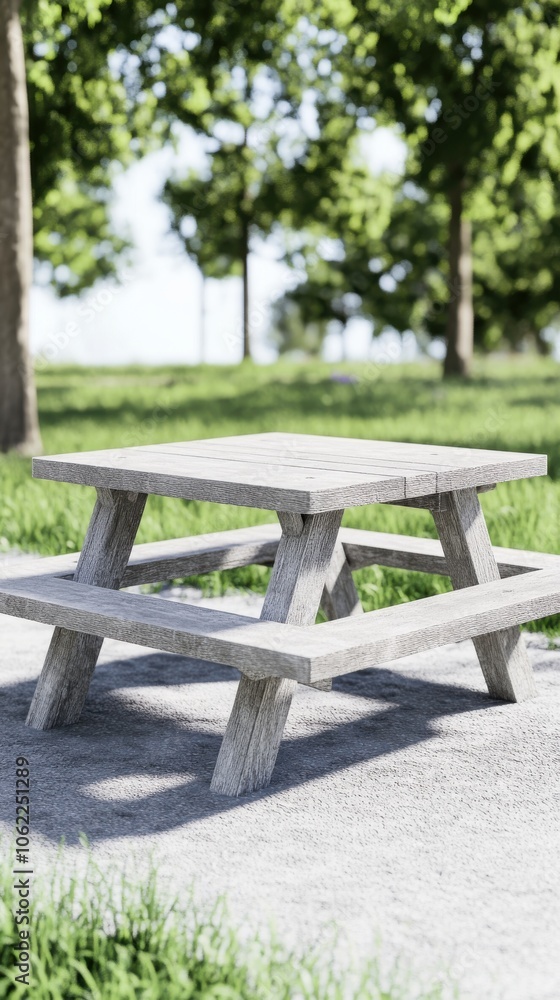 A rustic wooden picnic table in a sunny park, surrounded by lush greenery and tall trees. A rustic wooden picnic table in a sunny park, surrounded by lush greenery and tall trees.
