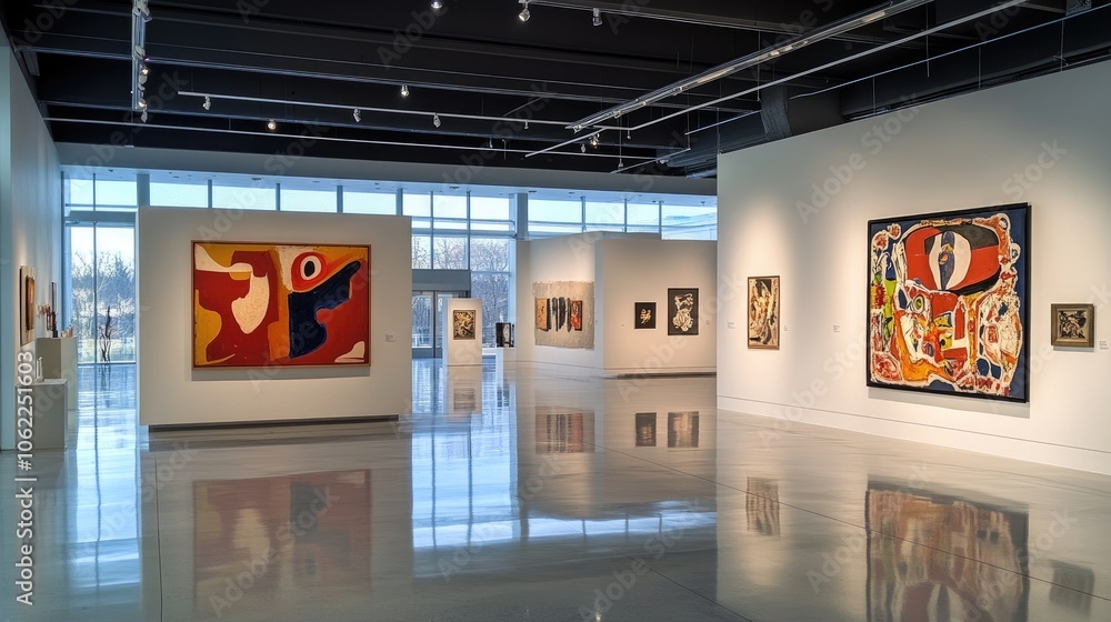 Blank white banner in a spacious art gallery, hanging on a modern white wall. Ideal for art exhibit information or creative text overlays.