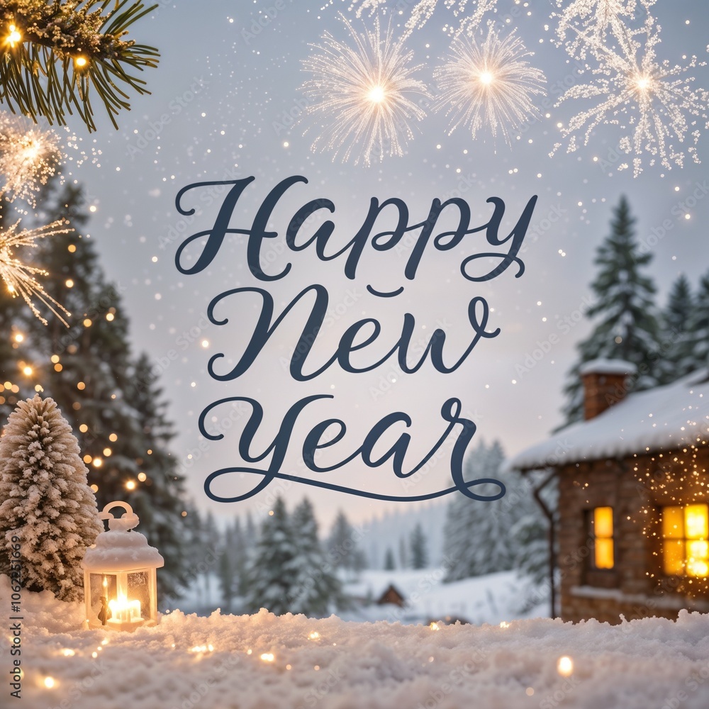 Obraz premium New Year greeting with festive fireworks and cozy winter scenery 