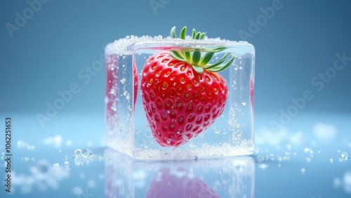 A vibrant strawberry frozen in a crystal-clear ice cube