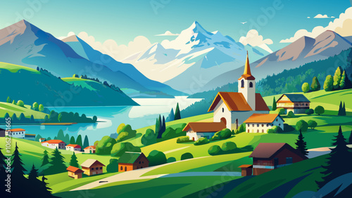 Idyllic Swiss nature landscape of green meadows, Alps mountains, and scenic Lake Brienz in Iseltwald village , Switzerland