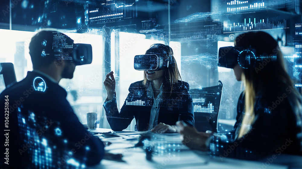 Obraz premium A professional team video conferencing with clients, utilizing virtual reality elements to engage in CMR strategies, surrounded by customer data points and interactive partnership tools. 