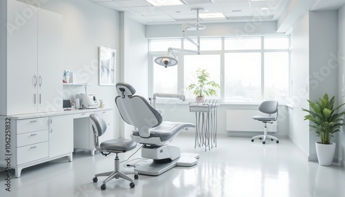 Modern dental clinic interior with examination chair and bright windows in a clean environment