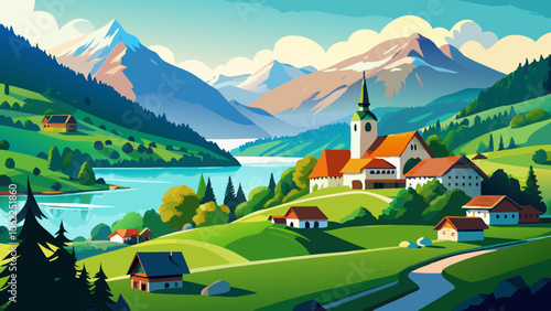 Idyllic Swiss nature landscape of green meadows, Alps mountains, and scenic Lake Brienz in Iseltwald village , Switzerland