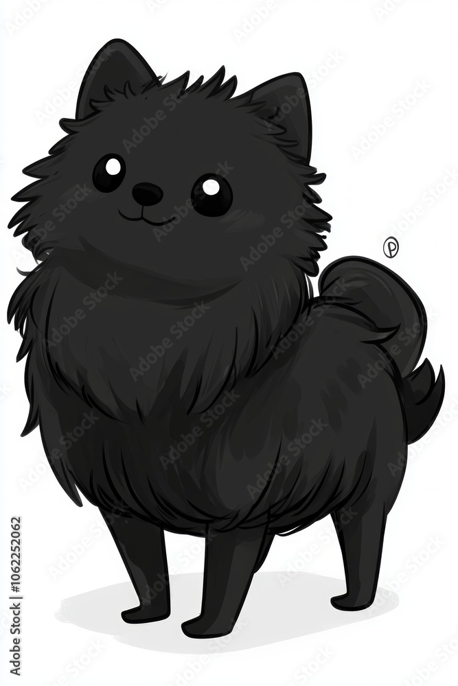 Fototapeta premium illustration features Schipperke standing proudly glossy black coat highlighted soft natural lighting minimalist white background demonstrating calm playful nature.